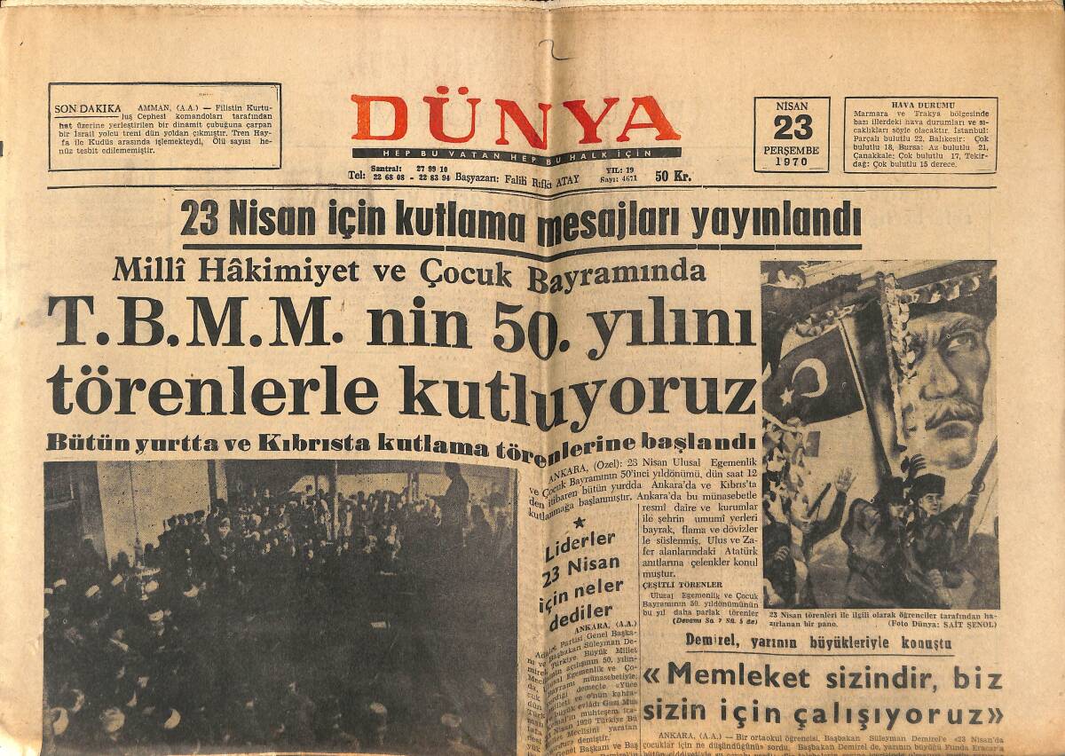 Dünya Gazetesi 23 Nisan 1970 - Ezeli Rakipler Hazırlanıyor Fenerbahçe-Galatasaray - Ajda Pekkan Cannes Film Festivaline Katılacak GZ150943 - 1