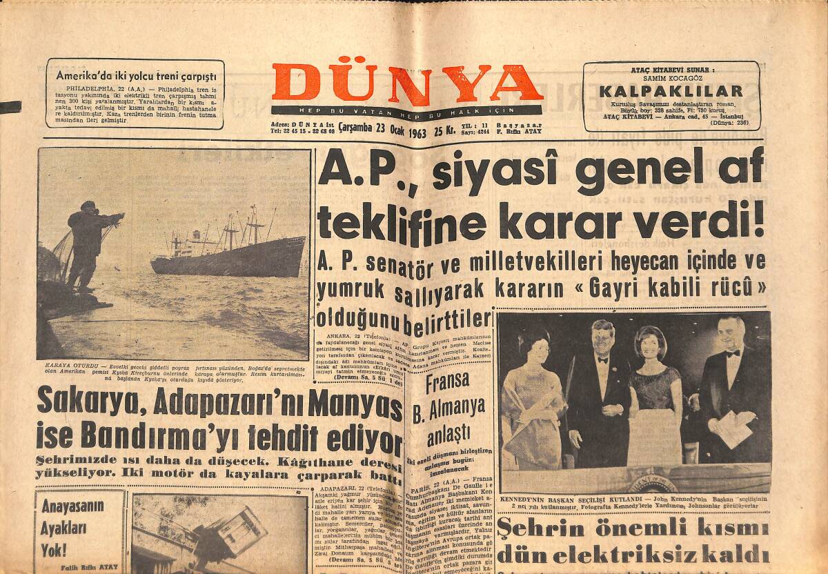 Dünya Gazetesi 23 Ocak 1963 - Kennedy'nin Başkan Seçilişi Kutlandı - Sophia Loren Hala Günahkar - Galatasaray-Milan GZ152530 - 1
