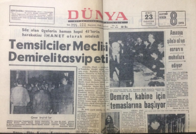 Dünya Gazetesi 23 Şubat 1970 - Temsilciler Meclisi Demireli Tasvip Etti - GZ12917 - 1