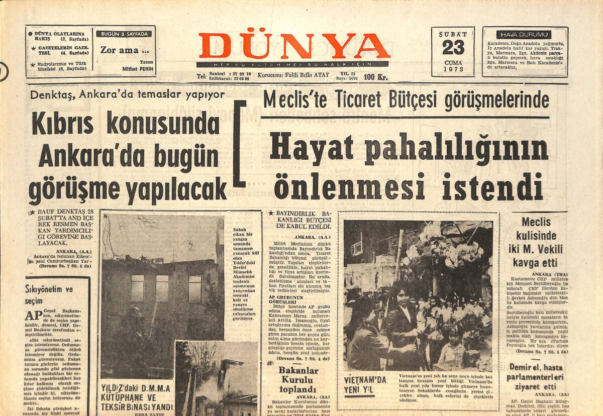 Dünya Gazetesi 23 Şubat 1973 - Meclis Kulisinde İki Milletvekili Kavga Etti! - Milli Takım Adayları Vefaya Gol Atamadı! GZ143011 - 1