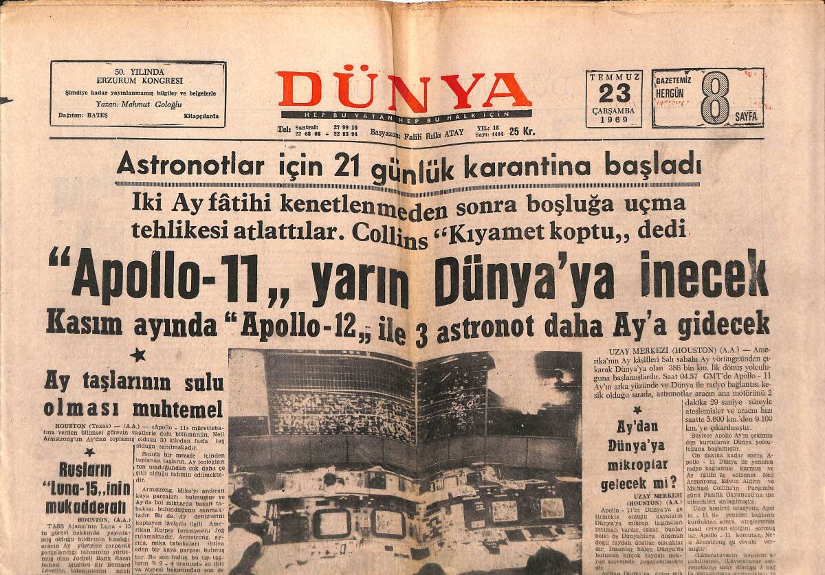 Dünya Gazetesi 23 Temmuz 1969 - Nixon Dünya Turuna Çıkıyor - Türkiye'de Deprem Olmayacak GZ149574 - 1