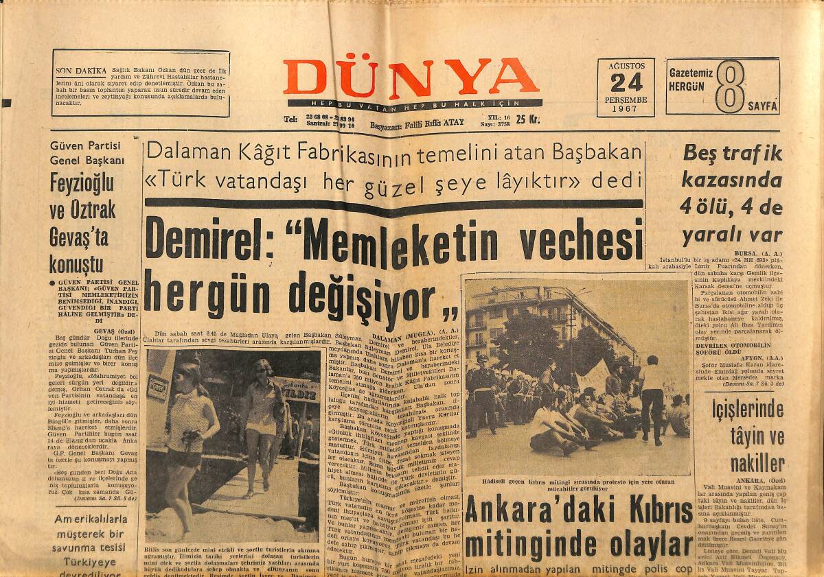 Dünya Gazetesi 24 Ağustos 1967 - Nebahat Çehre Evini Terk Etti - Çıplak Kadınsız Film Olmaz - İran Şahı İle Johnson Beyaza Saray'da 2 Saat Görüştü GZ152209 - 1
