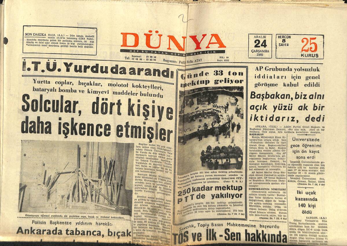 Dünya Gazetesi 24 Aralık 1969 - Amasya Cezaevinde Mahkumlar İsyan Etti - Fenerbahçe Ve Galatasaray Endişeli GZ150951 - 1