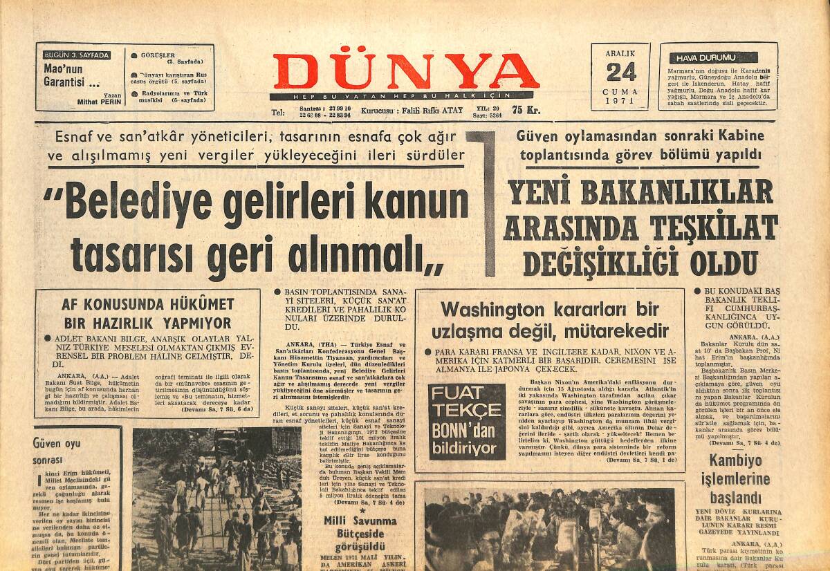 Dünya Gazetesi 24 Aralık 1971 - Veznedarı Öldürenlerden Seyhan'ın İdamı İstendi - Akhisar Yolundaki Kazada 5 Kişi Öldü GZ143682 - 1