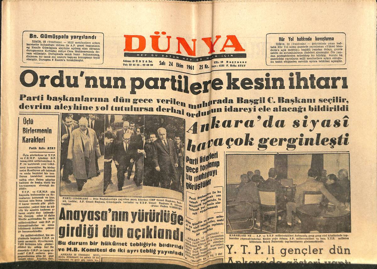 Dünya Gazetesi 24 Ekim 1961 - Ruslar 50 Megatonluk Bombayı Patlattılar - Anayasa'nın Yürürlüğe Girdiği Dün Açıklandı GZ152481 - 1