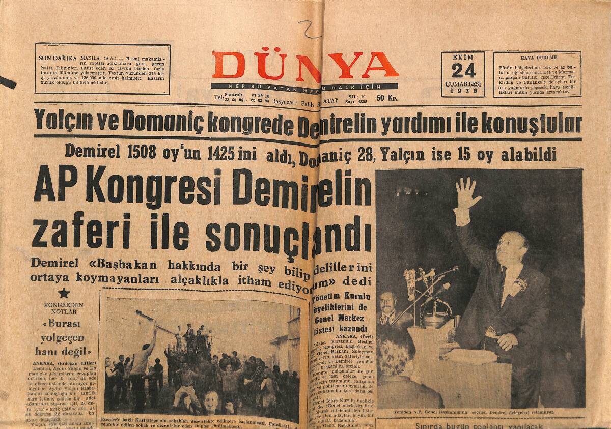 Dünya Gazetesi 24 Ekim 1970 - Yurtta Genel Nüfus Sayımı Yarın Yapılıyor - AP Kongresi Demirel'in Zaferi İle Sonuçlandı GZ148300 - 1