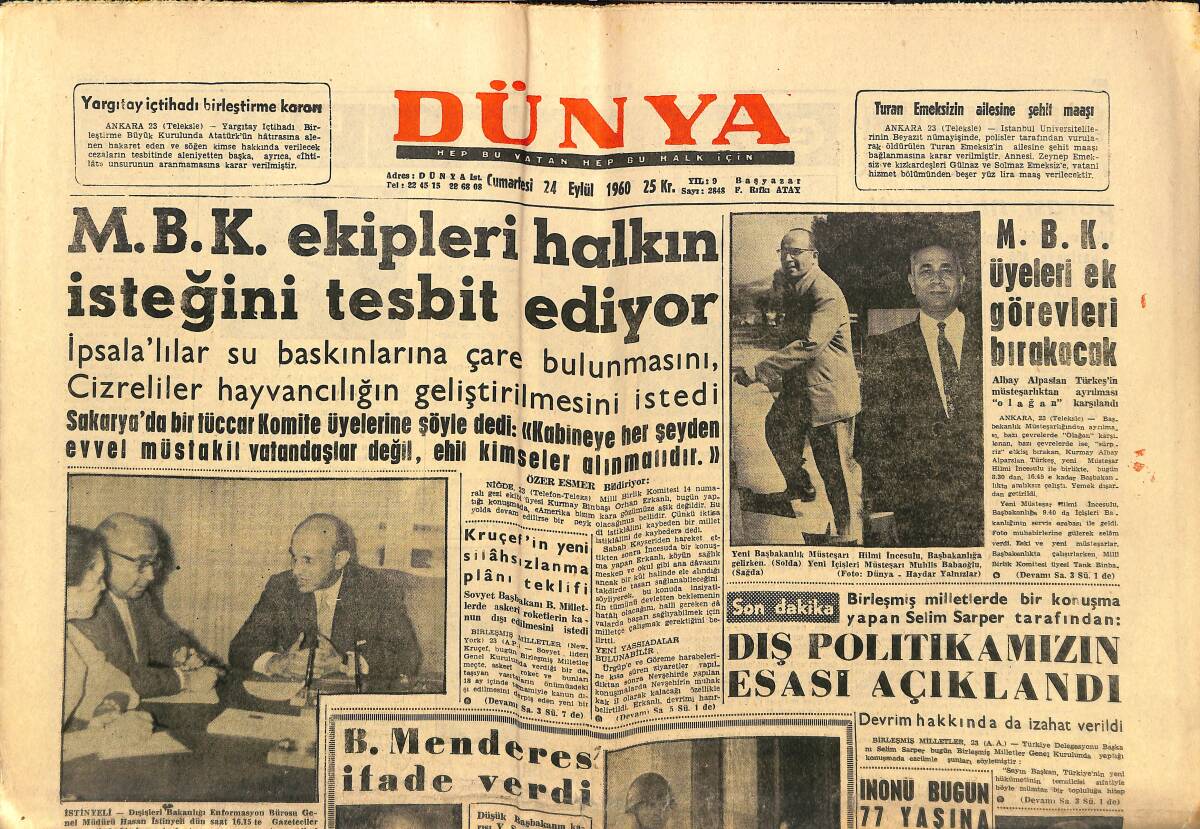 Dünya Gazetesi 24 Eylül 1960 - MBK Ekipleri Halkın İsteğini Tesbit Ediyor - Gökçer İçin Dava Açılacak GZ148053 - 1