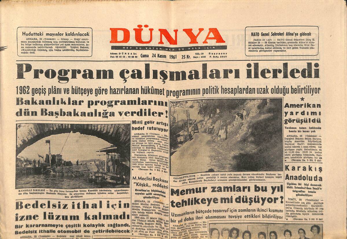 Dünya Gazetesi 24 Kasım 1961 - Ceza Kanununun Bazı Maddeleri Değişecek - Karakış Anadolu'da GZ148093 - 1