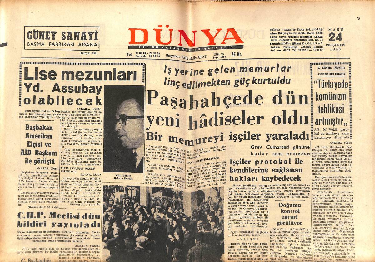 Dünya Gazetesi 24 Mart 1966 - Metin Oktay'ın Durumu Bu Sabah Aydınlanıyor - Claudia Cardinale Mesleğini Her Şeyin Üstünde Tutuyor GZ150910 - 1