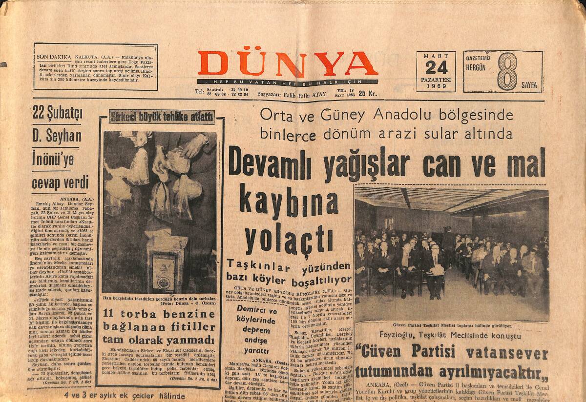 Dünya Gazetesi 24 Mart 1969 - Devamlı Yağışlar Can Ve Mal Kaybına Yol Açtı - Feyzioğlu , Teşkilat Meclisinde Konuştu GZ151264 - 1