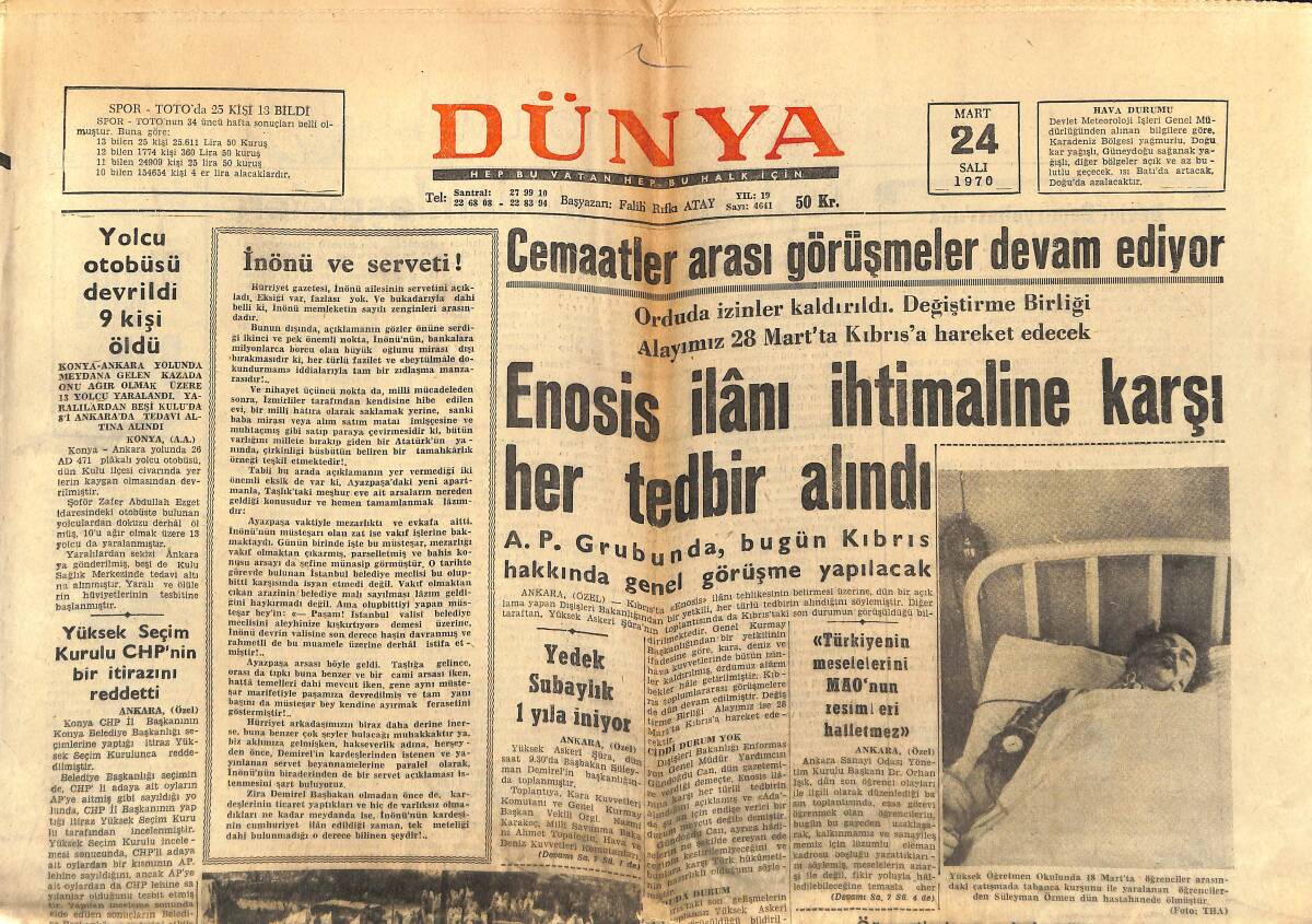 Dünya Gazetesi 24 Mart 1970 - Mia Farrow Çırılçıplak Görülmekten Korkmuyor - Fenerbahçe'de Telaş Başladı GZ147930 - 1