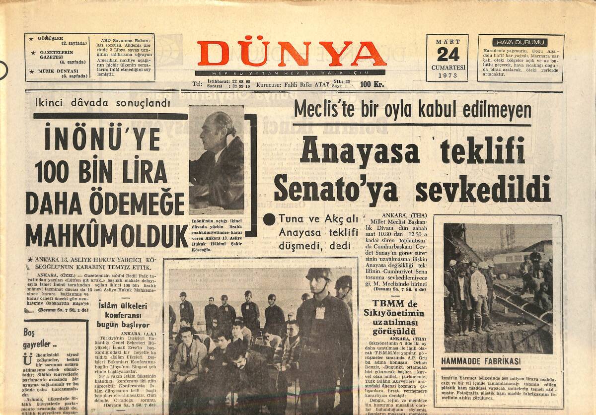 Dünya Gazetesi 24 Mart 1973 - İnönü'ye 100 Bin Lira Daha Ödemeğe Mahkum Olduk - Melen Sancar'la Görüştü GZ143677 - 1