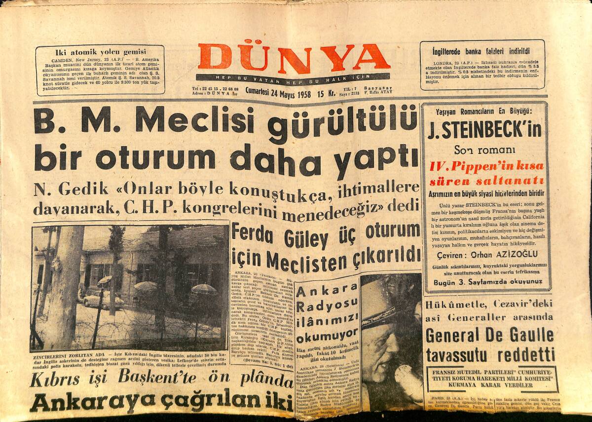 Dünya Gazetesi 24 Mayıs 1958 - Kim Novak Ve Aşığı - B. M. Meclisi Gürültülü Bir Oturum Daha Yaptı GZ152169 - 1