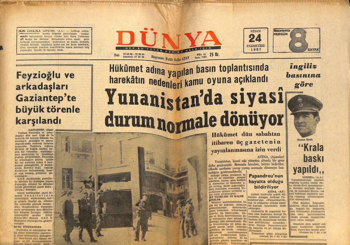 Dünya Gazetesi 24 Nisan 1967 - Orgeneral Cevdet Sunay Ve Silahlı Kuvvetler Birliği - David Bailey'in Yaşantısı GZ148219 - 1