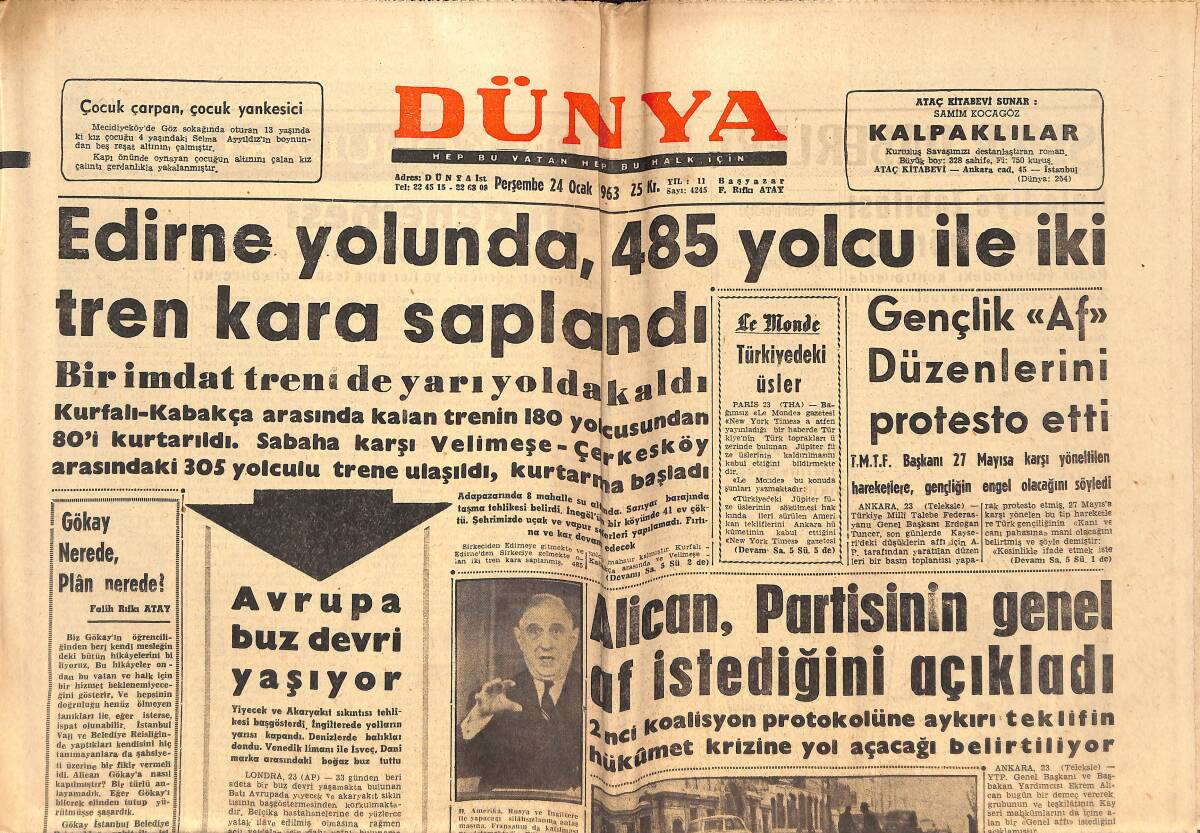 Dünya Gazetesi 24 Ocak 1963 - Galatasaray Milan'a 3-1 Yenildi - Gençlik Af Düzenlerini Protesto Etti GZ152515 - 1