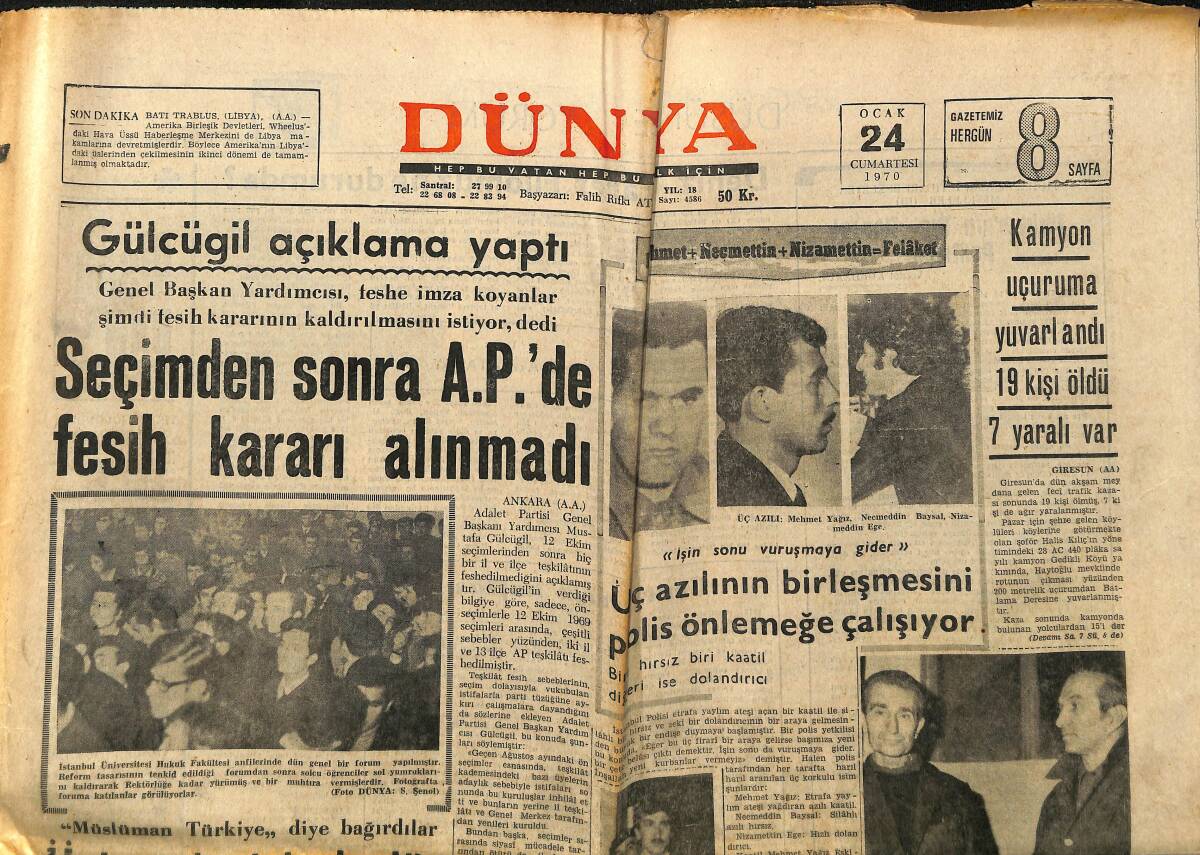 Dünya Gazetesi 24 Ocak 1970 - Galatasaray , Ligi Terketti - Boğaz Köprüsü Anlaşması Pazartesi İmzalanıyor GZ148318 - 1