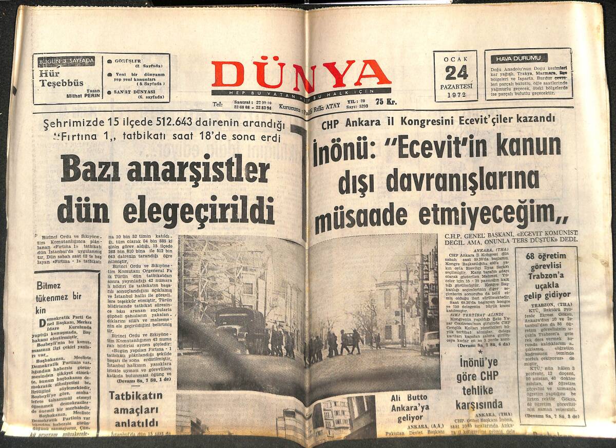 Dünya Gazetesi 24 Ocak 1972 - Muş'a Gelmekte Olan Bir Yolcu Treni Kara Saplandı - Bazı Anarşistler Dün Ele Geçirildi GZ142923 - 1