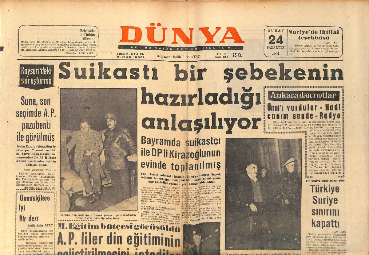 Dünya Gazetesi 24 Şubat 1964 - Türkiye Suriye Sınırını Kapattı - Ordu Takımımız Irak'tan Rövanşı Aldı GZ154438 - 1