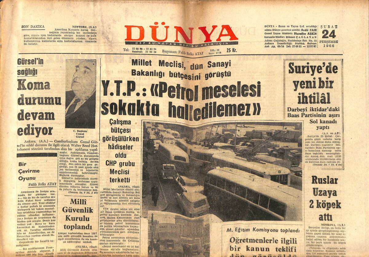 Dünya Gazetesi 24 Şubat 1966 - Ruslar Uzaya 2 Köpek Attı - Galatasaray'da Dört Sakat Var GZ150826 - 1