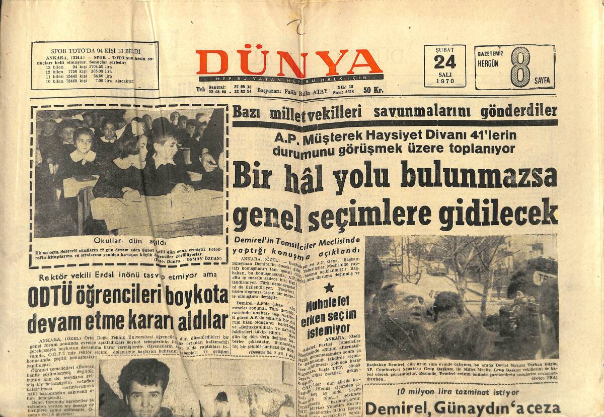 Dünya Gazetesi 24 Şubat 1970 - ODTÜ Öğrencileri Boykota Devam Etme Kararı Aldılar - Haftanın Maçı Fenerbahçe Altay Arasında GZ150972 - 1
