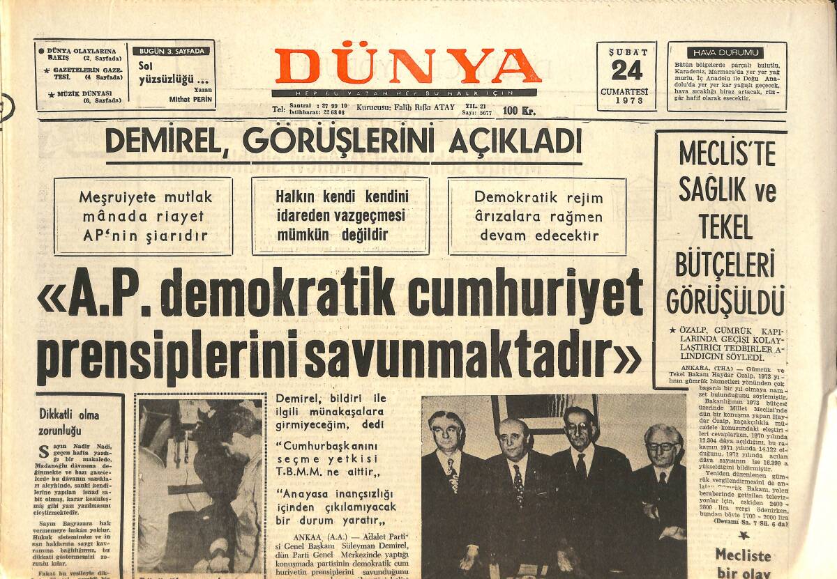 Dünya Gazetesi 24 Şubat 1973 - Dünya Kupası Eleme Rakibimiz Grubundaki Rakibimiz İtalya - Cazın Büyük Devi Dizzy Gillepsie GZ142806 - 1