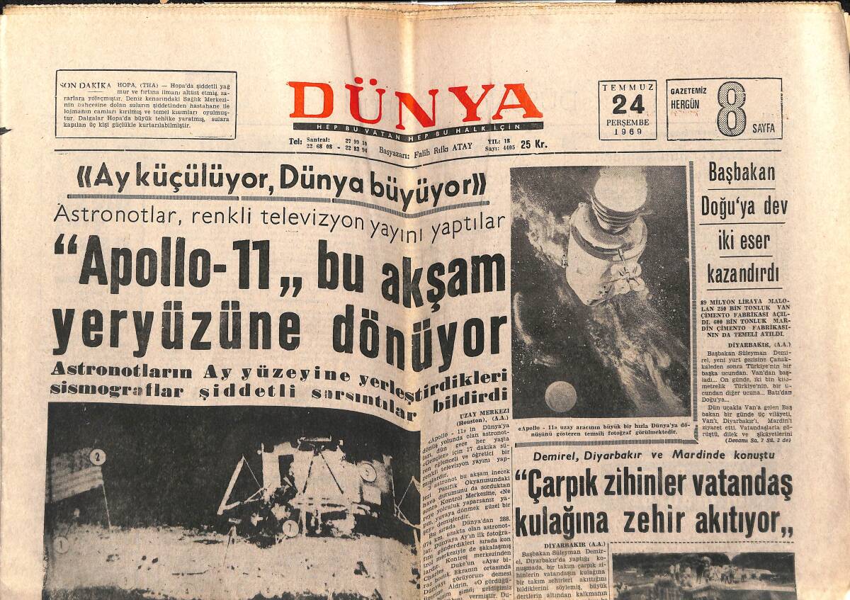 Dünya Gazetesi 24 Temmuz 1969 - Apollo-11, Bu Akşam Yeryüzüne Dönüyor - Selda Alkor Şimdi De Plak Dolduracak GZ151063 - 1