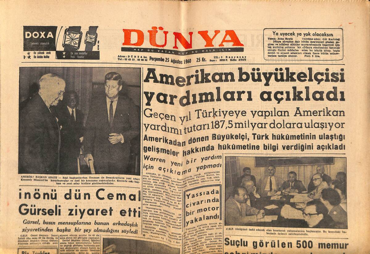 Dünya Gazetesi 25 Ağustos 1960 - İnönü Dün Cemal Gürsel'i Ziyaret Etti - Grace Kelly Tatilde GZ150850 - 1