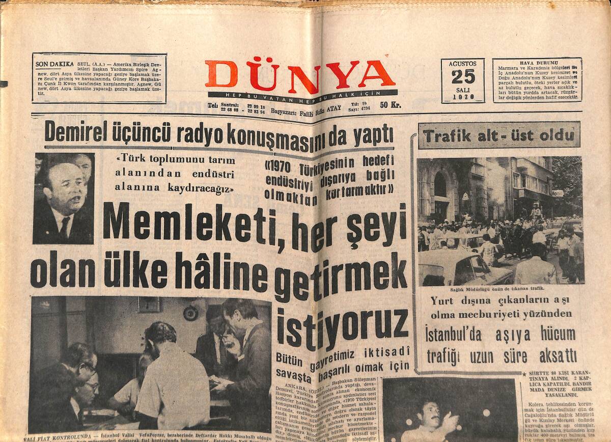 Dünya Gazetesi 25 Ağustos 1970 - Sharon Tate'in Kocası Film Yapıyor - Spor Yazarları Kupasının Son Randevusu Fenerbahçe-Galatasaray GZ151034 - 1