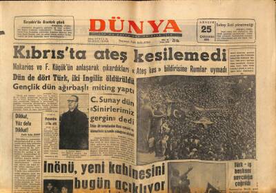 Dünya Gazetesi 25 Aralık 1963 - Kıbrısta Ateş Kesilemedi - Türk-İş Başkanı Savcılığa Çağrıldı GZ93471 - 1