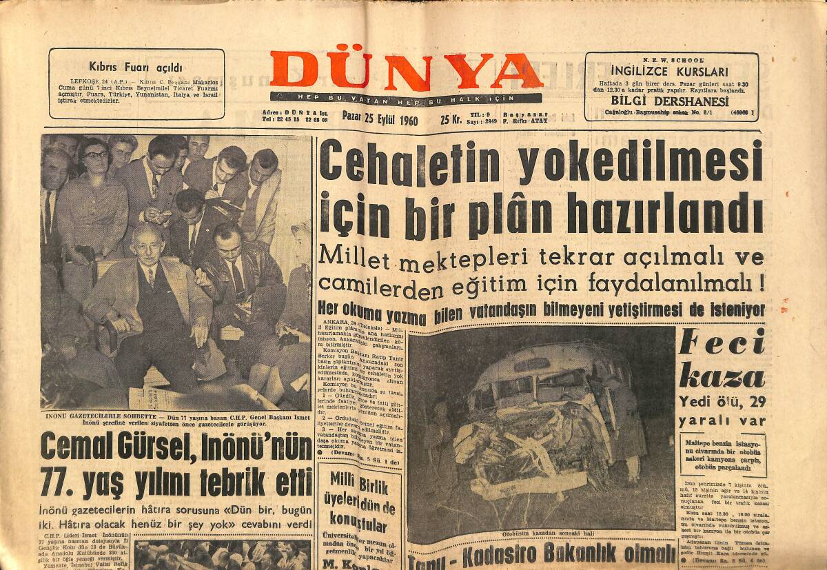 Dünya Gazetesi 25 Eylül 1960 - V.C. Ocakları İçin Belediyeden Yarım Milyon Lira Alınmış GZ148054 - 1