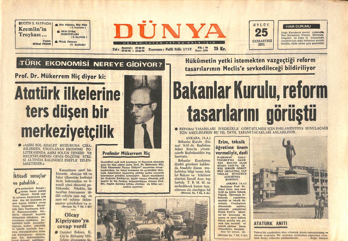 Dünya Gazetesi 25 Eylül 1971 - Atatürk İlkelerine Ters Düşen Bir Merkeziyetçilik - Sunay, Avrupa Güzelini Kabul Etti GZ143856 - 1
