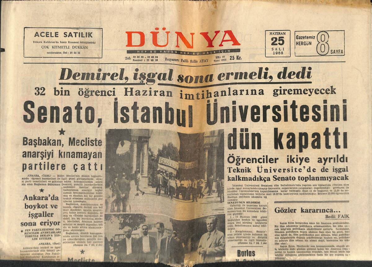 Dünya Gazetesi 25 Haziran 1968 - Senato, İstanbul Üniversitesini Kapattı - Jet Sosyetenin Jet Kadını Prenses İra GZ151011 - 1