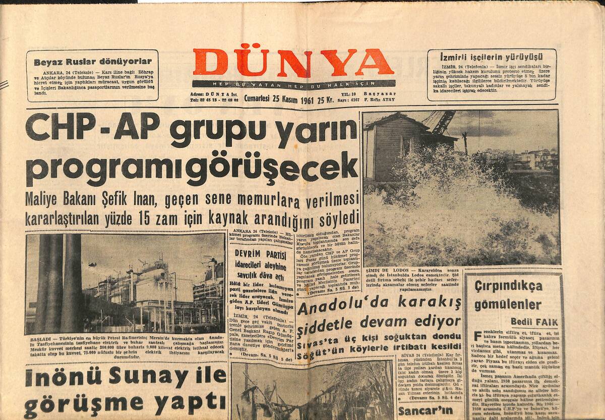 Dünya Gazetesi 25 Kasım 1961 - İnönü Sunay İle Görüşme Yaptı - CHP-AP Grupu Yarın Programı Görüşecek GZ148094 - 1