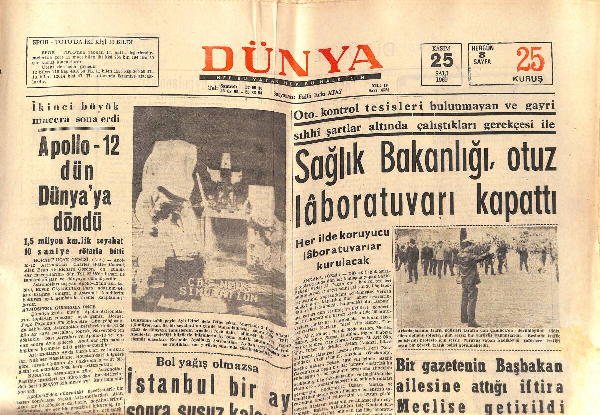Dünya Gazetesi 25 Kasım 1969 - Apollo-12 Dün Dünya'ya Döndü - Göztepe Gitti GZ152197 - 1