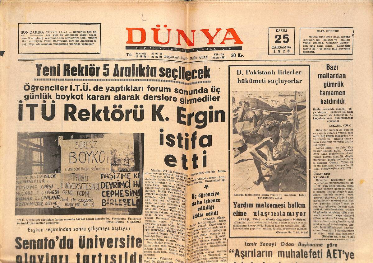 Dünya Gazetesi 25 Kasım 1970 - İTÜ Rektörü K.Ergin İstifa Etti - Acuner M.B.G.'dan İstifa Etti GZ151309 - 1