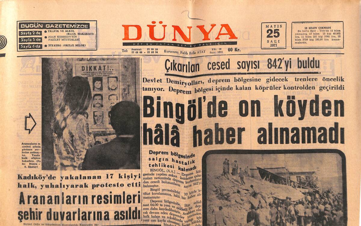 Dünya Gazetesi 25 Mayıs 1971 - Bingöl'de On Köyden Hâlâ Haber Alınamadı - Öztrak İle Cav Gene Tartıştı GZ149577 - 1