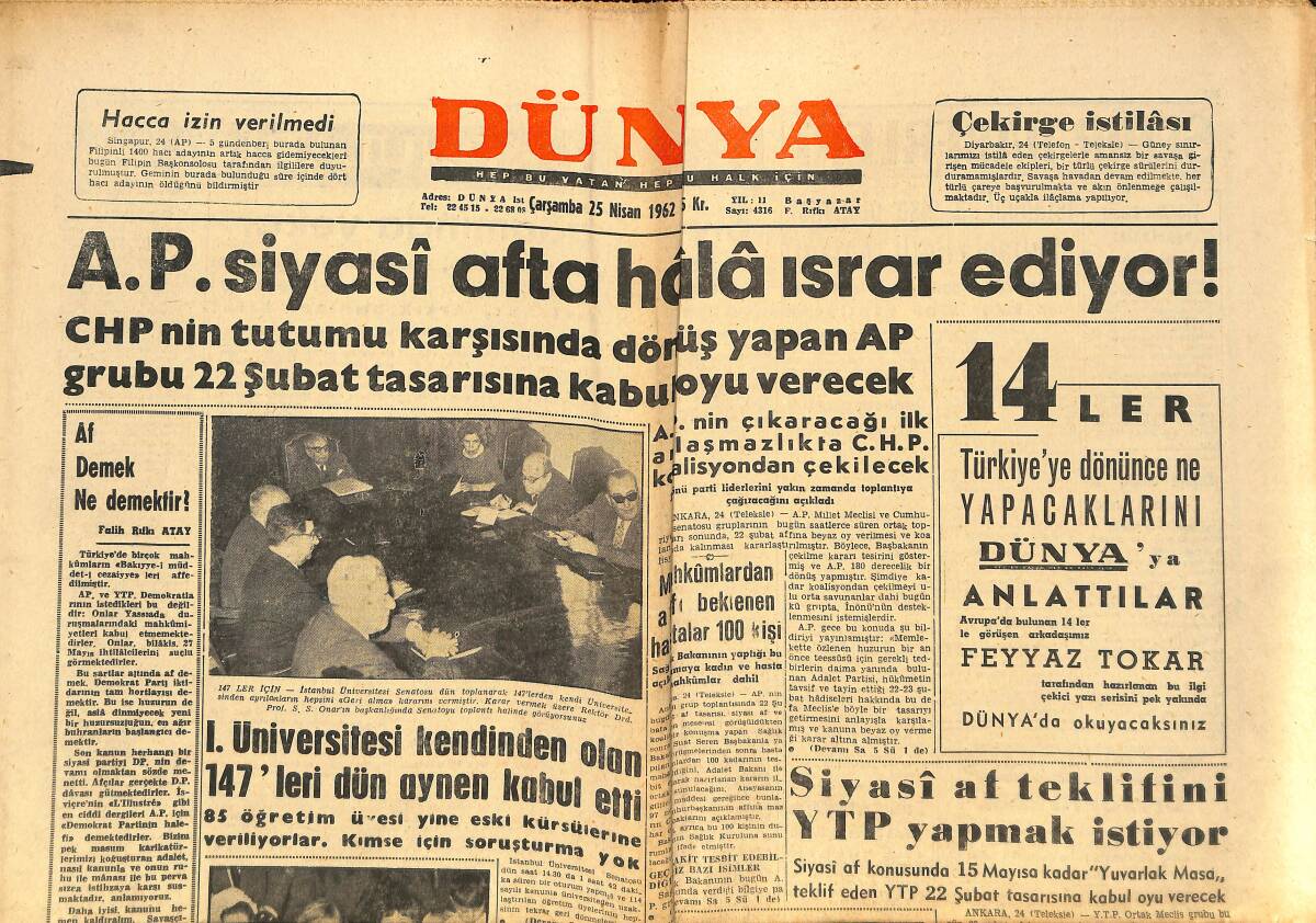 Dünya Gazetesi 25 Nisan 1962 - Elizabeth Taylor Eğleniyor - Lefter Kadrodan Çıkarıldı - Kıbrıs'ta İki Türk Gazeteci Vuruldu GZ148216 - 1