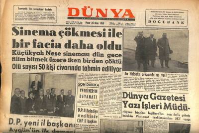 Dünya Gazetesi 25 Ocak 1959 - Küçükyalı Neşe Sineması Dün Gece Film Bitmek Üzere İken Birden Çöktü GZ86162 - 1
