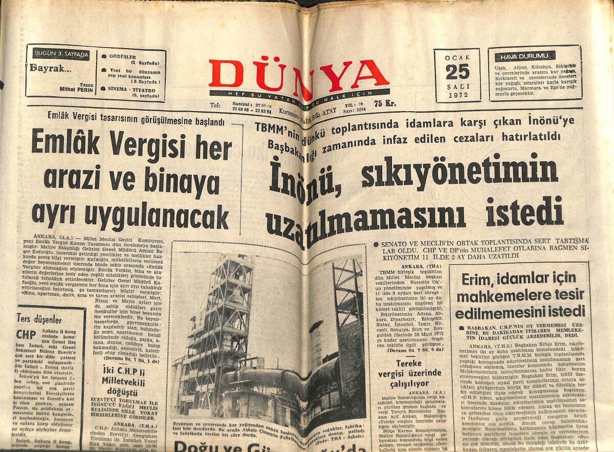 Dünya Gazetesi 25 Ocak 1972 - Akbank 24 Yaşında - İnönü , Sıkıyönetimin Uzatılmamasını İstedi GZ142950 - 1