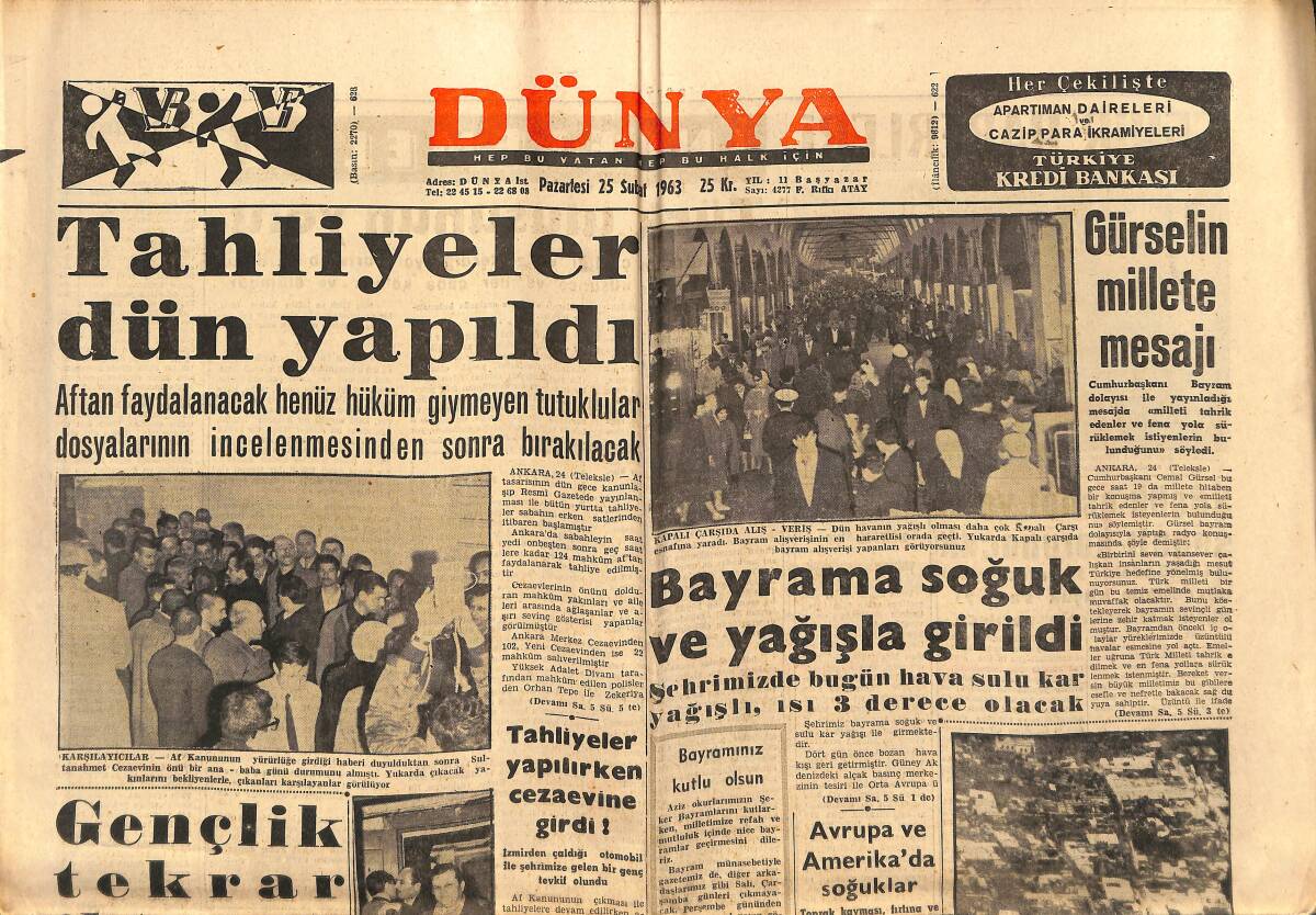 Dünya Gazetesi 25 Şubat 1963 - Dior Ve Heim - Ortak NATO Nükleer Gücü Konusunda Anlaşma - Gürsel'in Millete Mesajı GZ149359 - 1