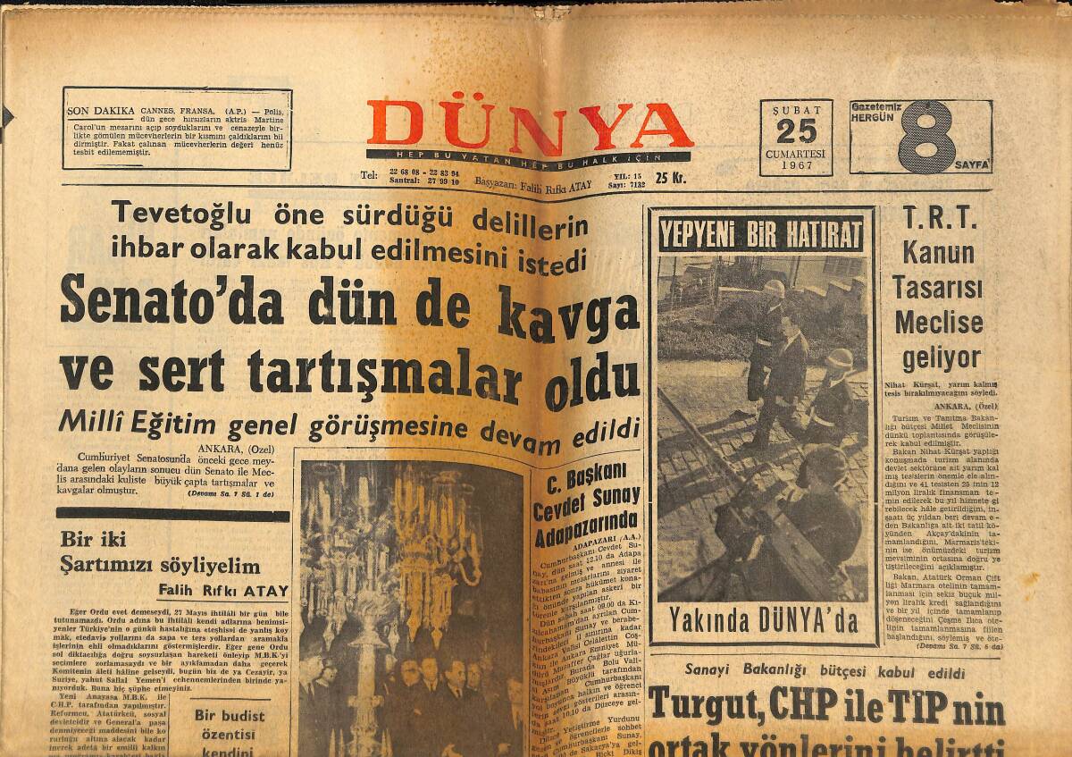 Dünya Gazetesi 25 Şubat 1967 - Mekke'nin Su Davası Hallediliyor - Fenerbahçe'nin Geliri Sömürülüyor GZ148221 - 1