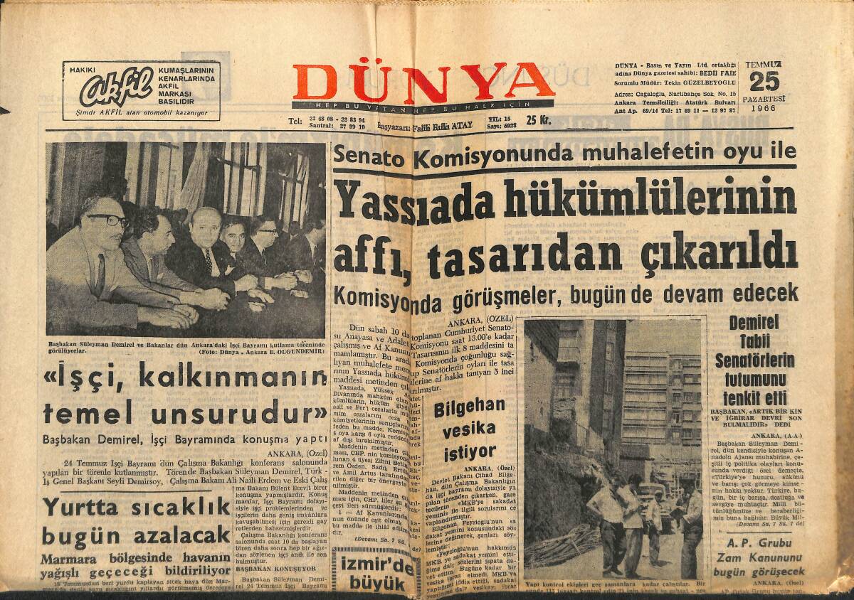 Dünya Gazetesi 25 Temmuz 1966 - Eminönü Sirkeci Projesi - Barış Gücü Kıbrıs'ta Bir Çatışmayı Önledi GZ152306 - 1