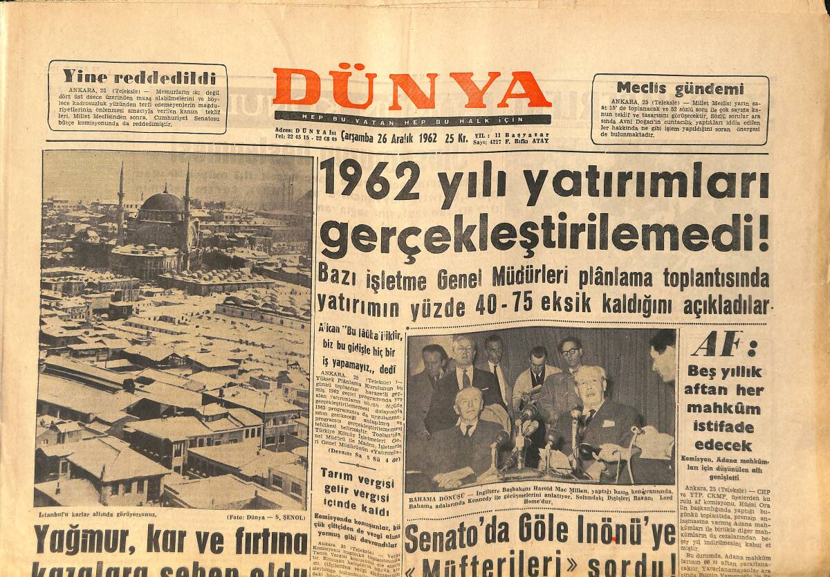 Dünya Gazetesi 26 Aralık 1962 - Galatasaray, Milan Maçı İçin Program Tespit Etti, Metin Oktay İdmanda GZ156632 - 1