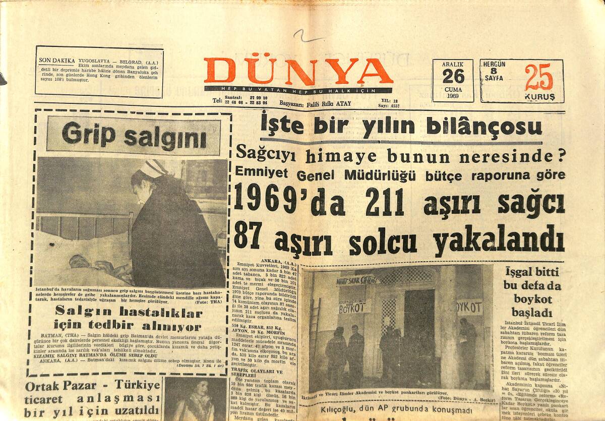 Dünya Gazetesi 26 Aralık 1969 - Bitlis'te Deprem Oldu , Bacalar Yıkıldı - Grip Salgını GZ148056_Kopya(1) - 1