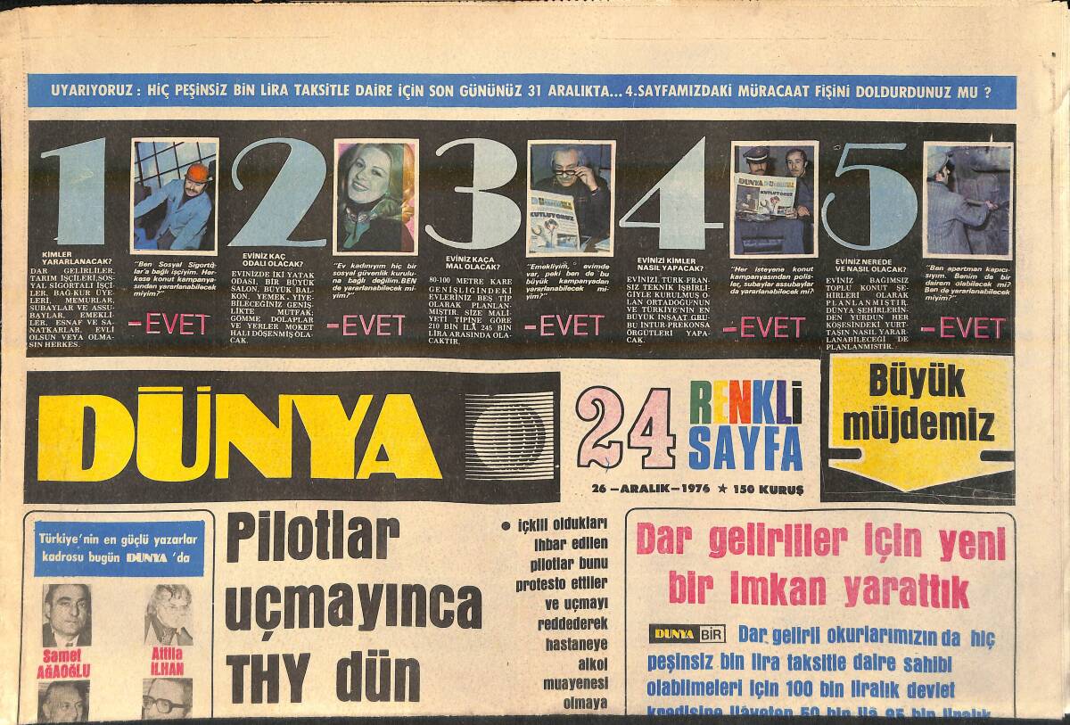 Dünya Gazetesi 26 Aralık 1976 - Türkiye Liginde Kader Günü: Trabzonspor-Fenerbahçe - Pilotlar Uçmayınca THY Dün Felce Uğradı GZ156655 - 1