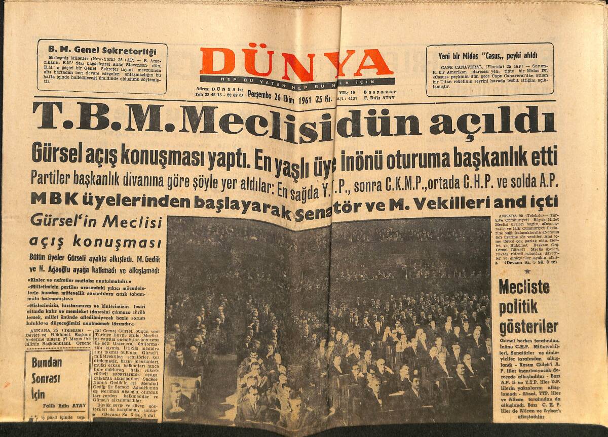 Dünya Gazetesi 26 Ekim 1961 - Başgil Senatörlükten İstifa Ettiğini Bildirdi - TBM Meclisi Açıldı GZ152379 - 1