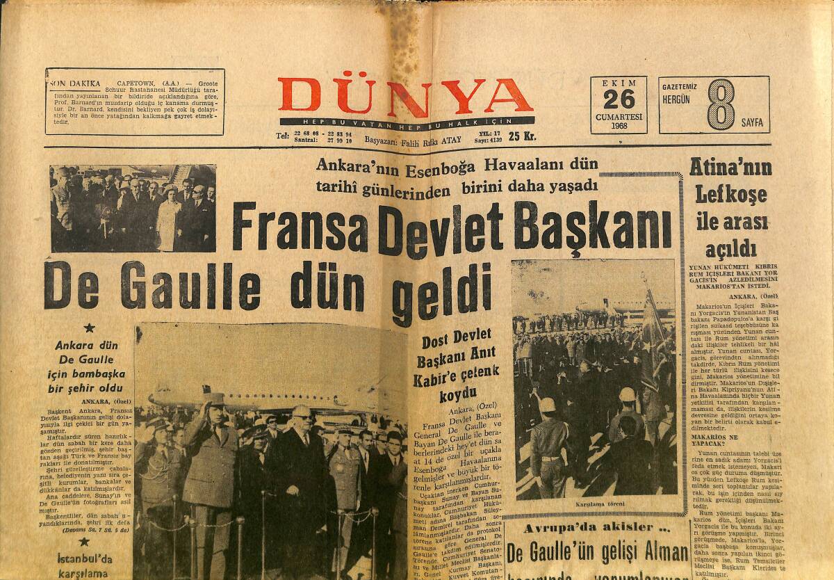 Dünya Gazetesi 26 Ekim 1968 - Apollo-7'nin Astronotları Yolculuklarını Anlatıyor - Fenerbahçe Ve Galatasaray Oynuyor GZ148183 - 1