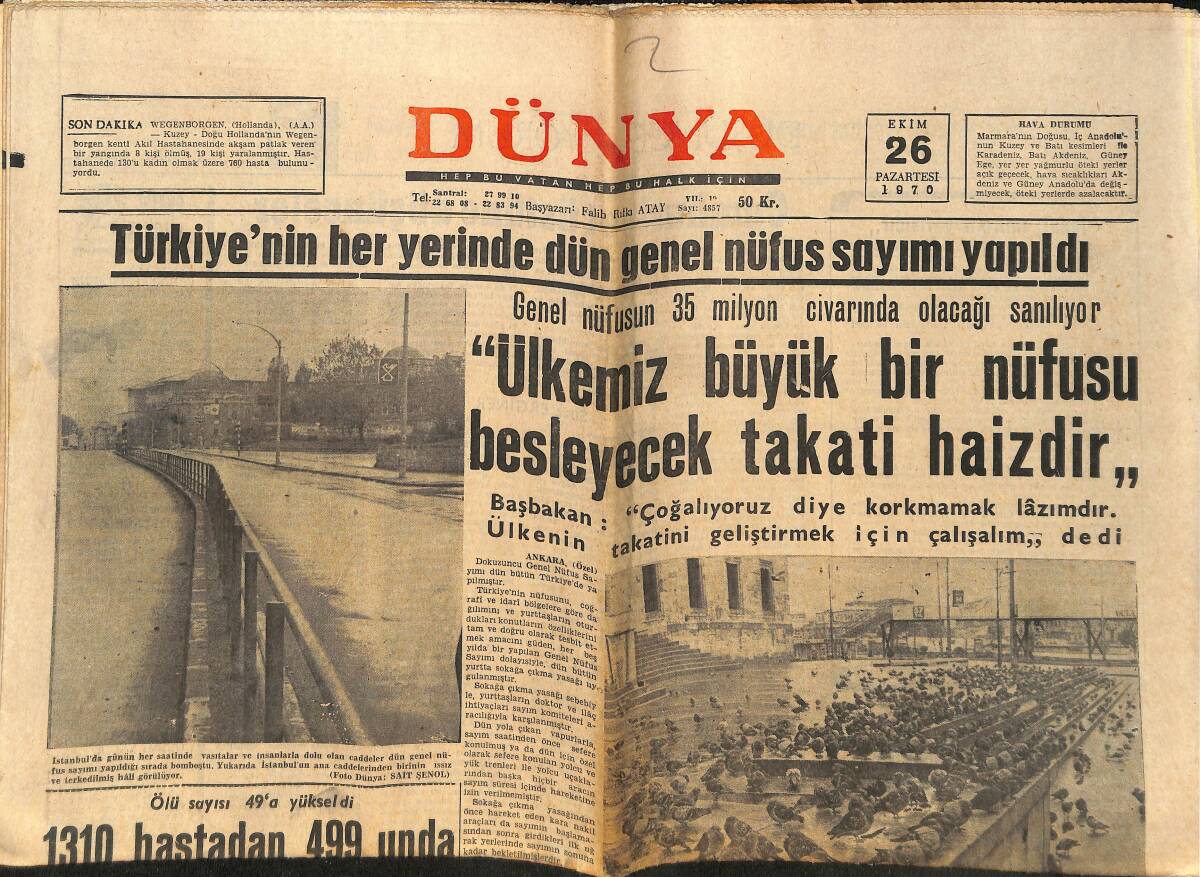 Dünya Gazetesi 26 Ekim 1970 - Fenerbahçe Liderlik Tahtına Oturdu - Türkiye'nin Her Yerinde Genel Sayım Yapıldı GZ148228 - 1