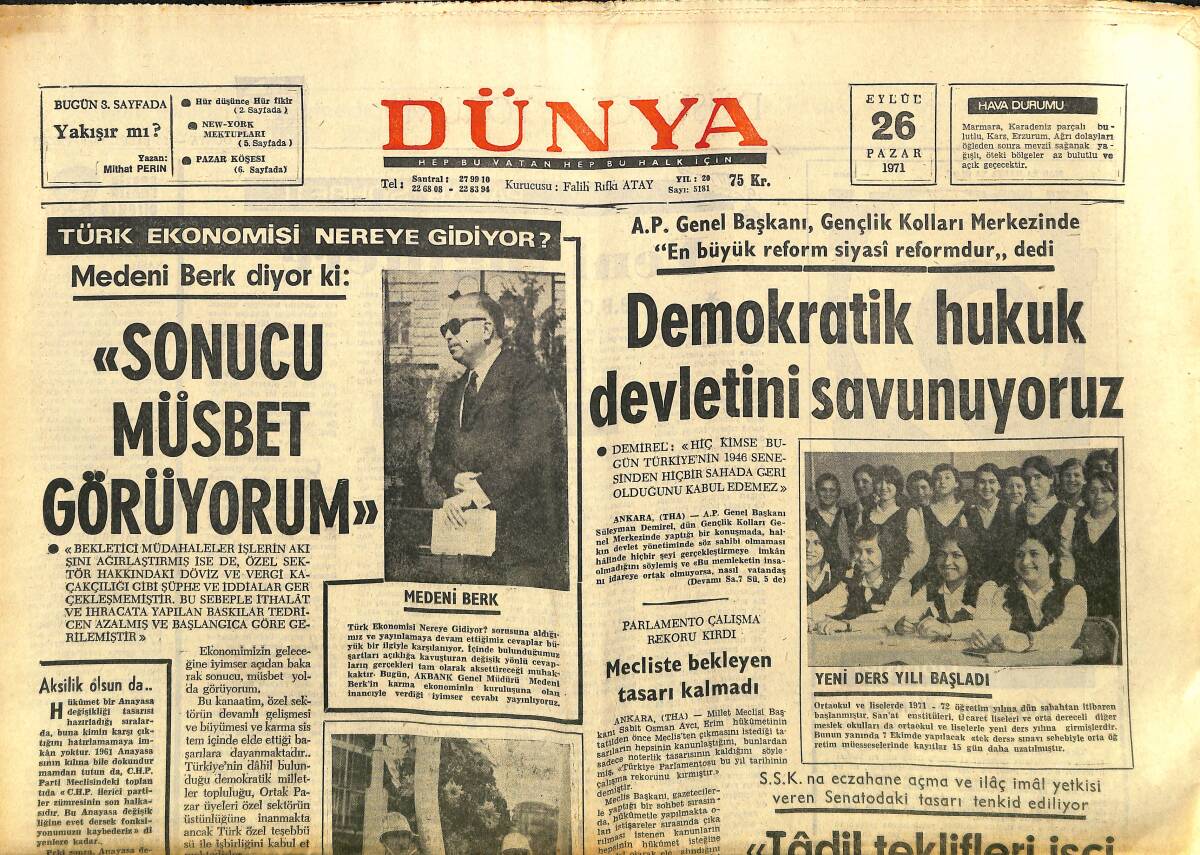 Dünya Gazetesi 26 Eylül 1971 - Türk-İran Demiryolu Yarın Açılıyor - Batı Dünyası Tedbir Alıyor GZ148064 - 1