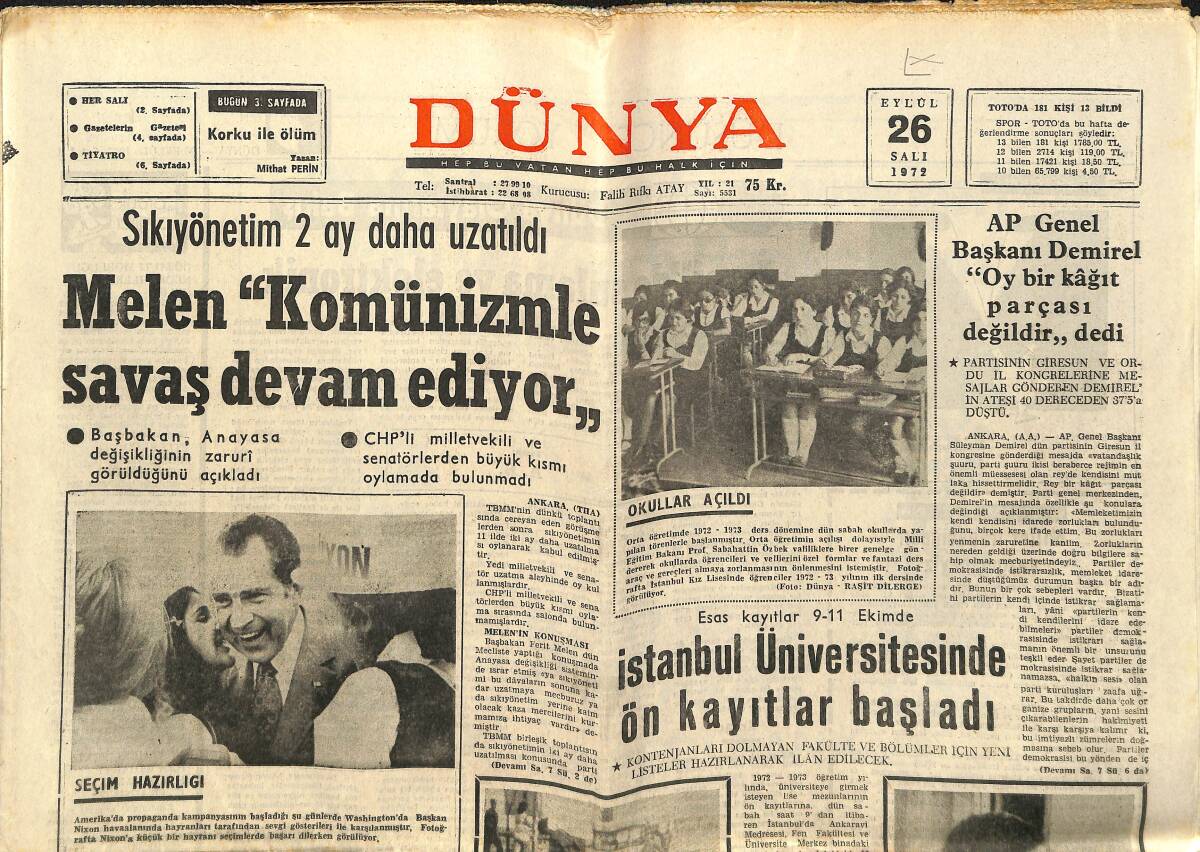 Dünya Gazetesi 26 Eylül 1972 - Nikahsız Evliler: Alain Delon Mireille Darc - Melen: Komünizmle Savaş Devam Ediyor GZ147958 - 1